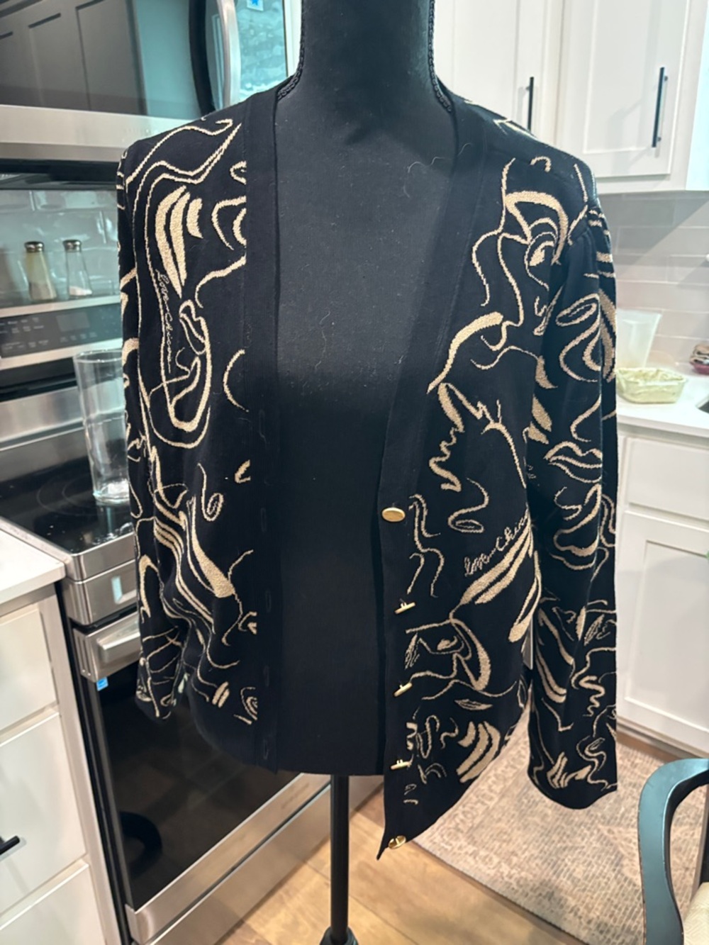 Chico's Black Open-Front Jacket with Cream Abstract Floral Knit